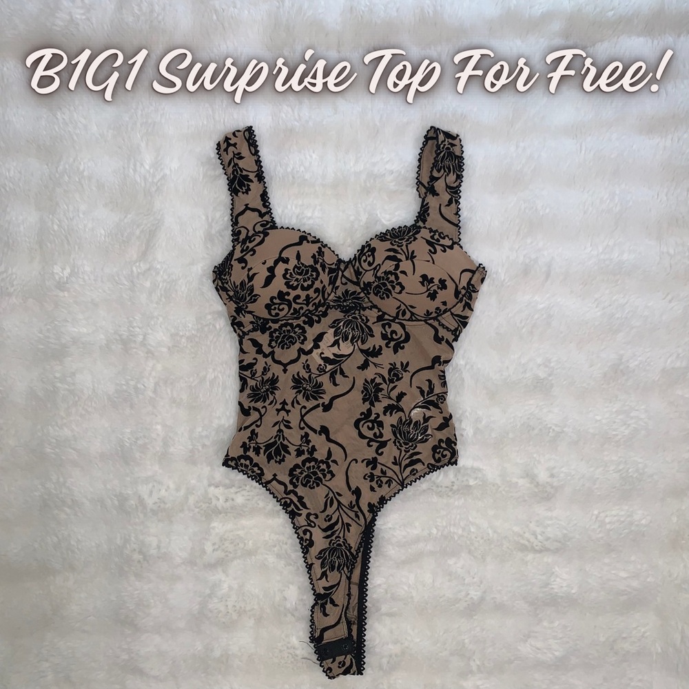 Floral Lace Trim Bodysuit - Black and Tan